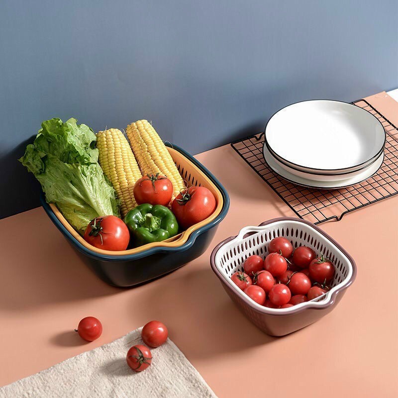 Bộ rổ nhựa rửa rau củ quả 6 món 2 lớp chất liệu nhựa PP an toàn
