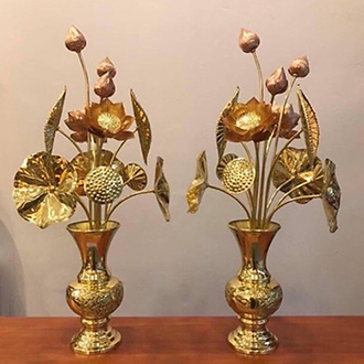 Hoa Sen đúc đồng vàng trang trí phòng thờ phong thủy loại 15 bông cao 75cm nặng 2,5kg