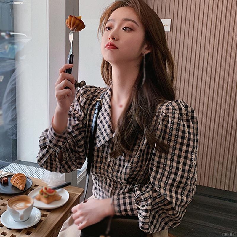 Áo Sơ Mi Ca Rô Ngắn Tay Cổ Búp Bê Xinh Xắn Dễ Thương Dành Cho Nữ