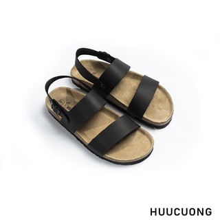 Giày Sandal Unisex 2 quai da thật màu đen đế trấu handmade