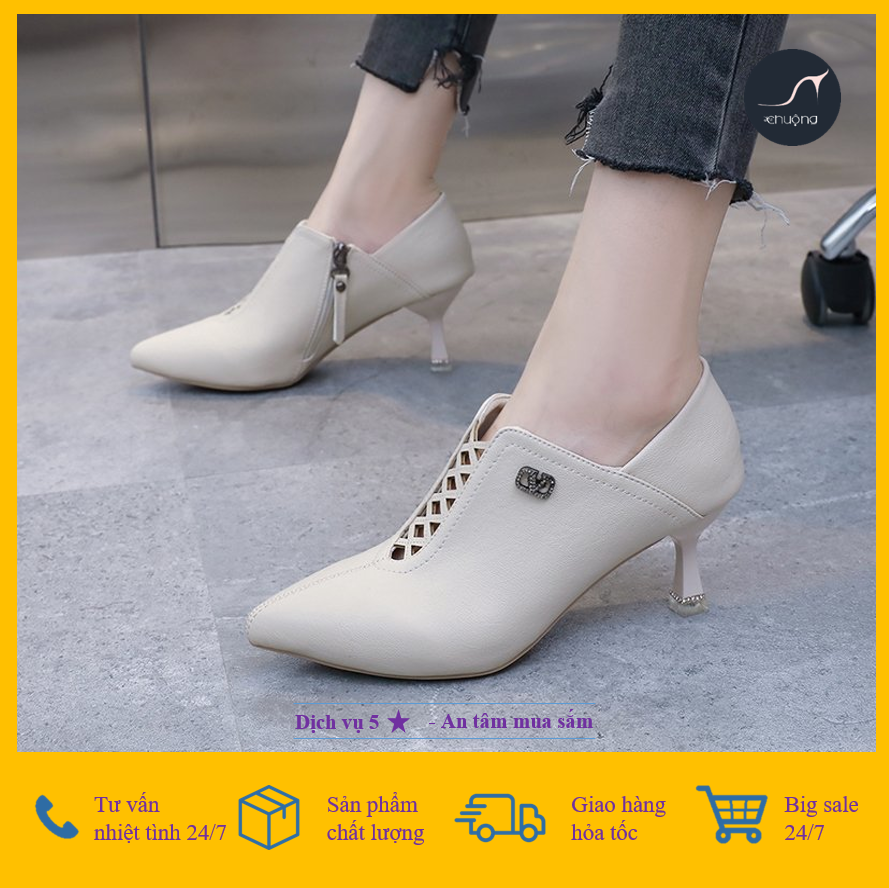[GIÁ HỦY DIỆT] [Ảnh thật] Giày Bốt Nữ Boot Mũi Nhọn Gót Nhọn Họa Tiết Đan Và Khóa Kéo Hông 2 Màu Đen - Kem 7cm