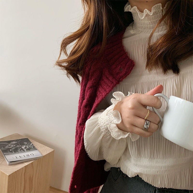 Áo Sơ Mi Chiffon Dài Tay Cổ Cao Phối Ren Thiết Kế Mới Thời Trang Dành Cho Nữ