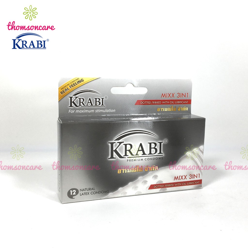 Bao cao su Krabi - bcs gân gai siêu mỏng, kéo dài thời gian bôi trơn, 49mm đôn dên - Hộp 12 chiếc condom từ Thái Lantốt