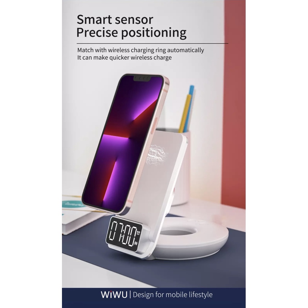 Sạc Wiwu Automatic Positioning 4in1 M11 hỗ trợ sạc nhanh không dây, sạc có đồng hồ hiển thị giờ - Hàng chính hãng