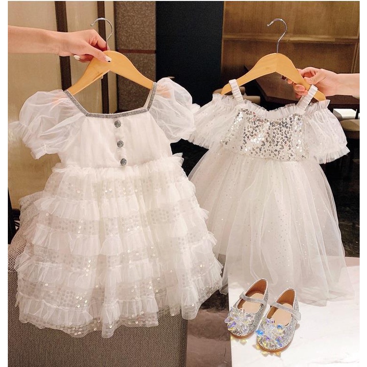Đầm Công Chúa Phối Lưới Đính Kim Sa Lấp Lánh Phong Cách Phương Tây Cho Bé Gái