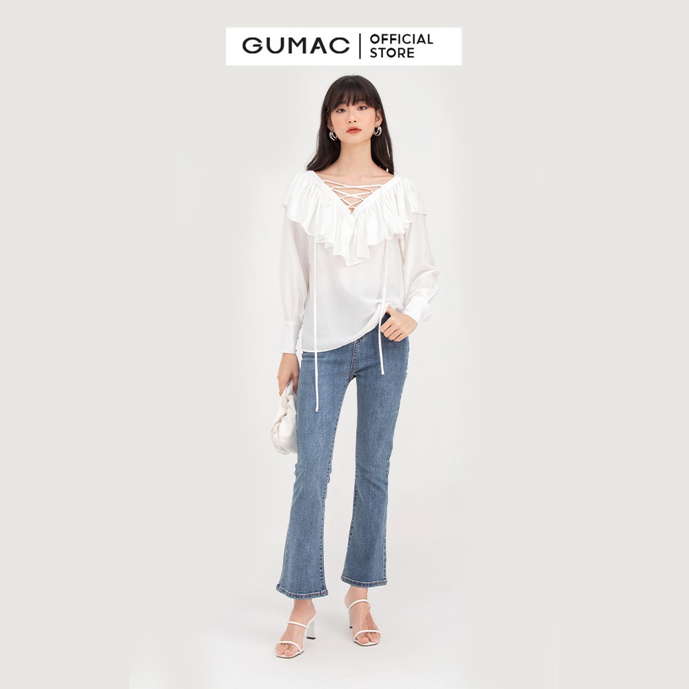 Áo cổ V đan dây GUMAC màu trắng vintage AB770