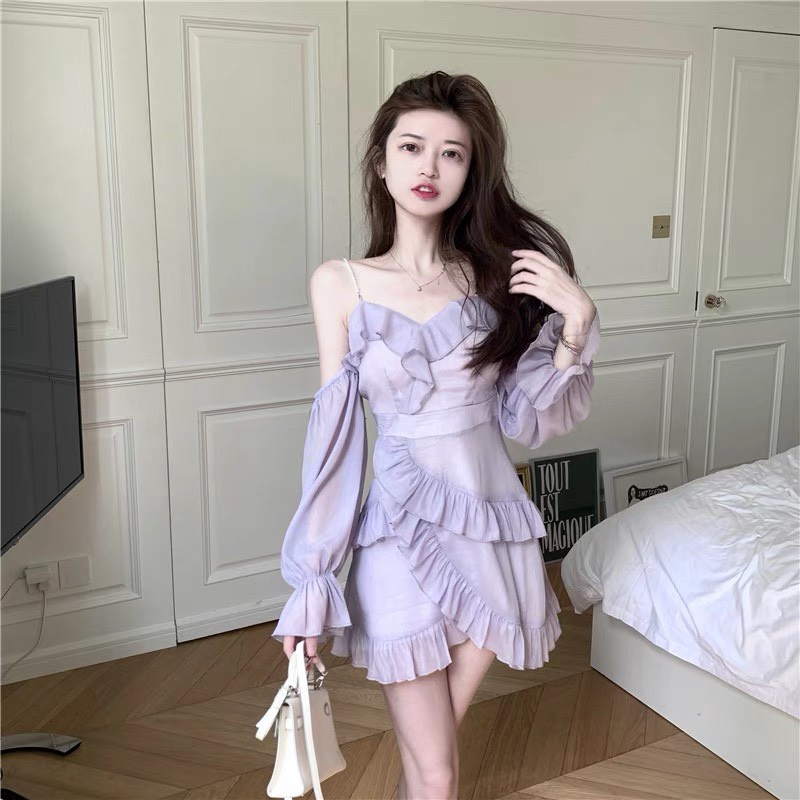 Đầm 2 dây ngọc nàng thơ chất vải phi bóng Đầm tiểu thư màu tím