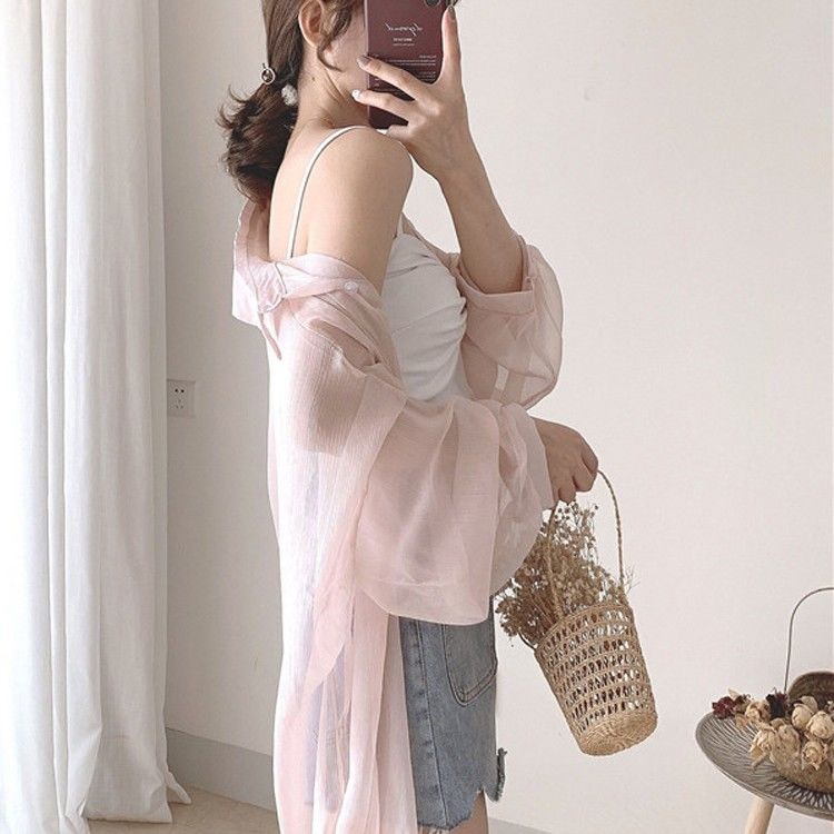 Áo Sơ Mi Voan Mỏng Xuyên Thấu Tay Dài Chống Nắng Phong Cách Mùa Hè Mới Cho Nữ