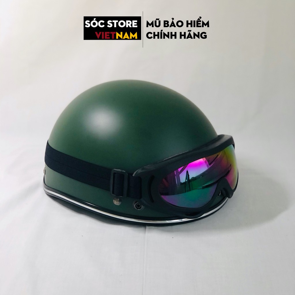 Mũ bảo hiểm nửa đầu chính hãng Sóc Store Vietnam màu xanh rêu kèm kính UV, kính phi công, nón bảo hiểm 1 phần 2 freesize
