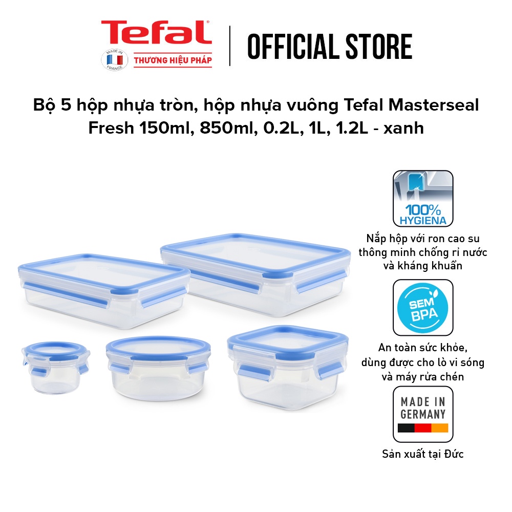 Bộ 5 hộp đựng thực phẩm nhựa Tefal Masterseal Fresh (150ml,850ml,200ml,1000ml,1200ml)