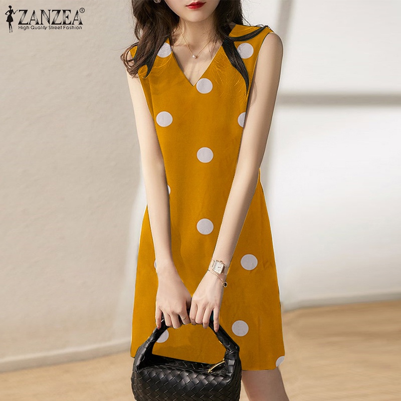 Đầm Ngắn Không Tay Họa Tiết Chấm Bi Thanh Lịch Cho Nữ ZANZEA