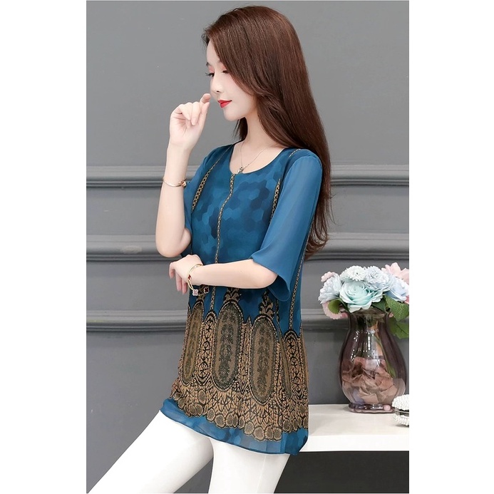 Áo Kiểu Thổ Cẩm MAI THY 550, Mẫu Áo Trung Niên Họa Tiết Thổ Cẩm Ngắn Tay Cổ Tròn Trang Nhã | Thời Trang Trung Niên U40