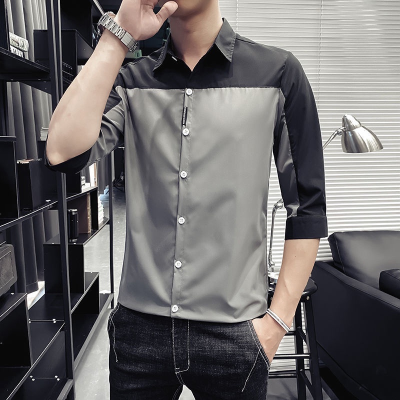 ▼✼☬Áo Sơ Mi Nam Tay Ngắn Phối Màu Sắc Phong Cách Hàn Quốc Thời Trang Mùa Hè