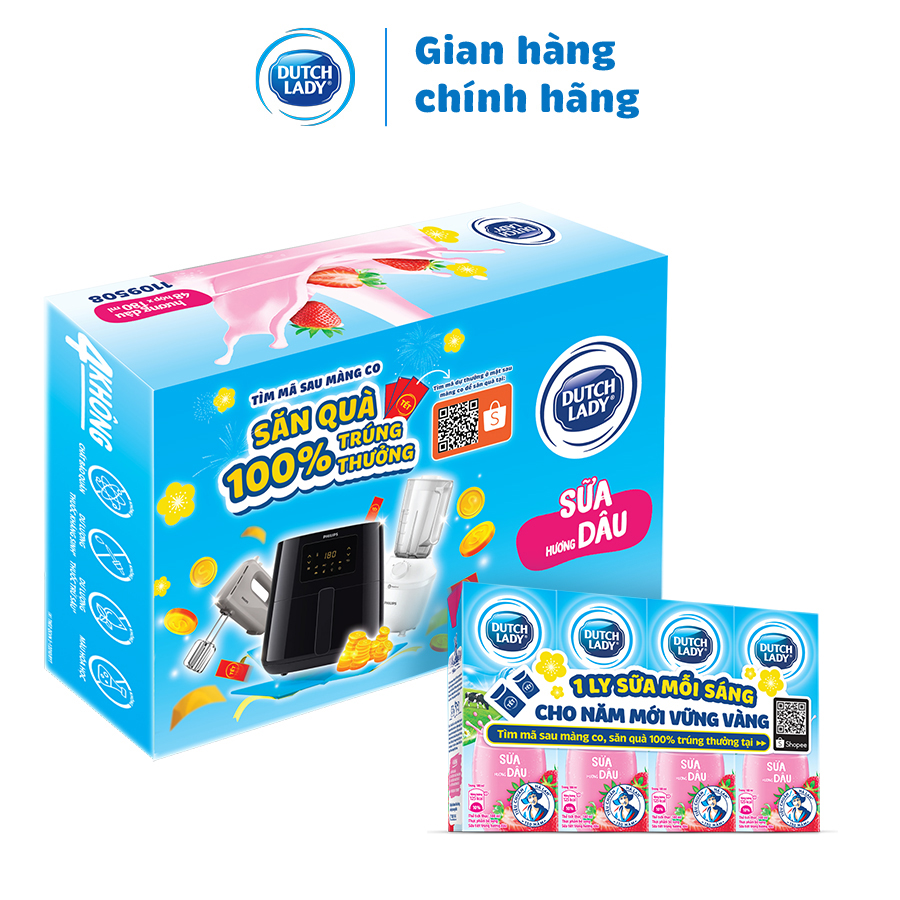 Thùng 48 Hộp Sữa Tươi Tiệt Trùng Dutch Lady Cô Gái Hà Lan Hương Dâu 48 x 180ml