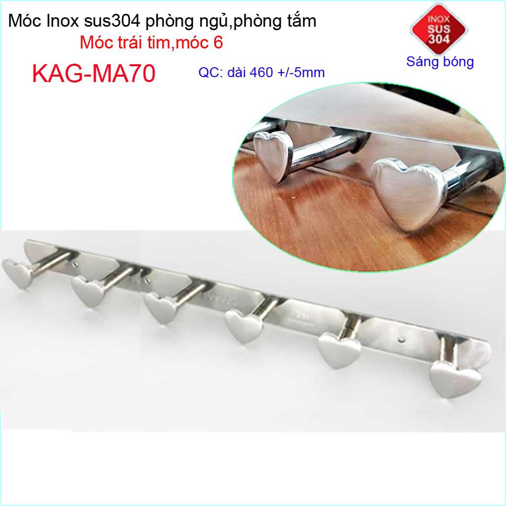 Móc treo quần áo inox 304 cao cấp dày, móc tim Kace 6 móc treo đồ nhà tắm KAG-MA70