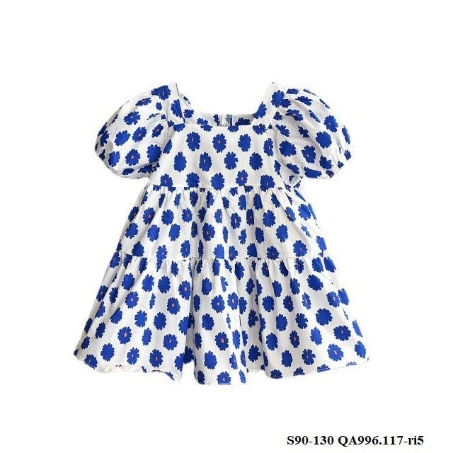 Váy hoa xanh QA996.117 đầm vai bồng điệu xinh cho bé gái size 90-130
