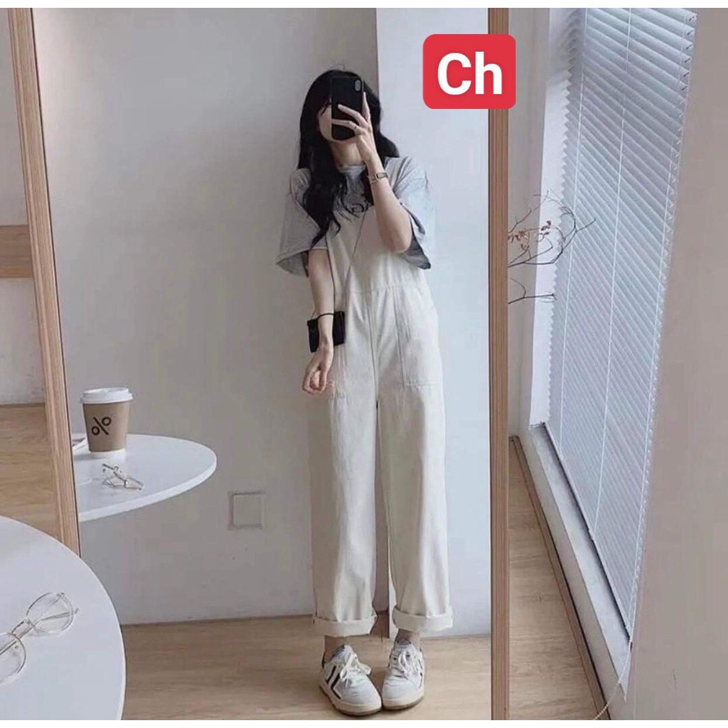 Set yếm kaki be kèm áo phông form thụng chất cotton su phù hợp cả nam và nữ