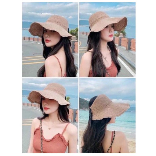 Mũ, nón cói nửa đầu đi biển vành rộng, chống nắng thắt nơ Hàn Quốc