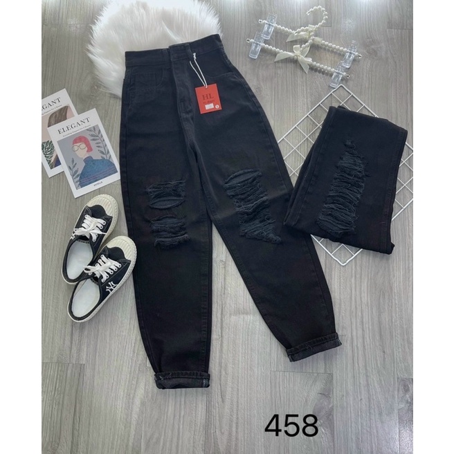 (freeship) QUẦN JEAN BAGGY NỮ LƯNG CAO MÀU ĐEN RÁCH thời trang H.N.M STORE