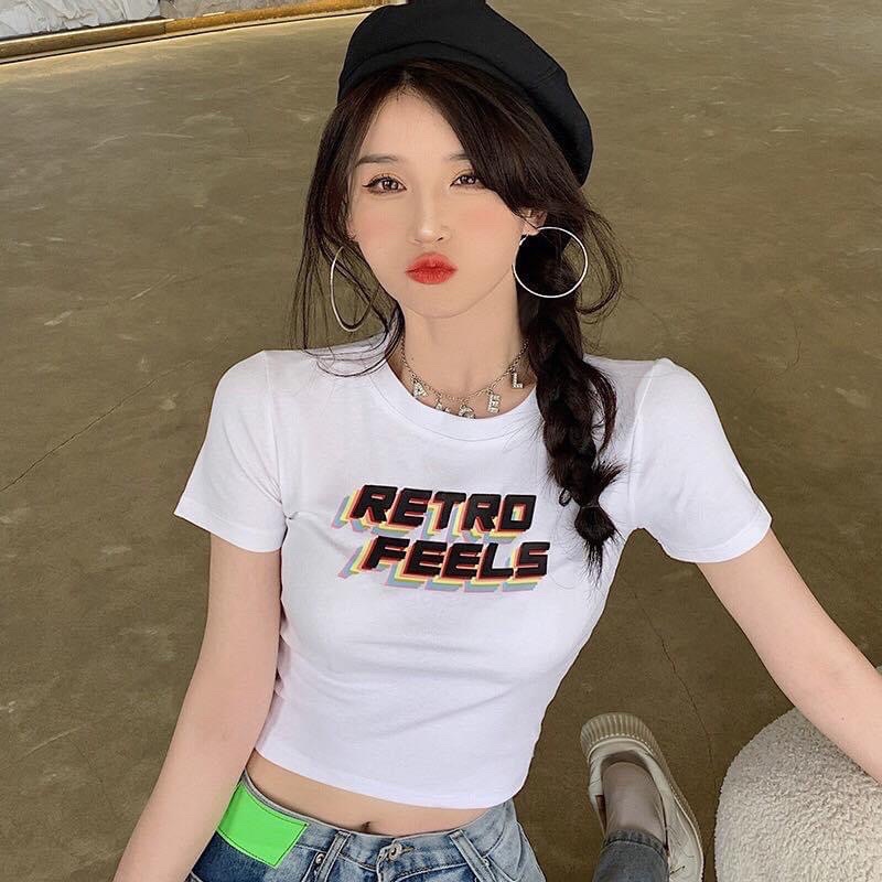 Áo Croptop Body Tay Ngắn In Chữ RETRO FEELS Ảnh Thật