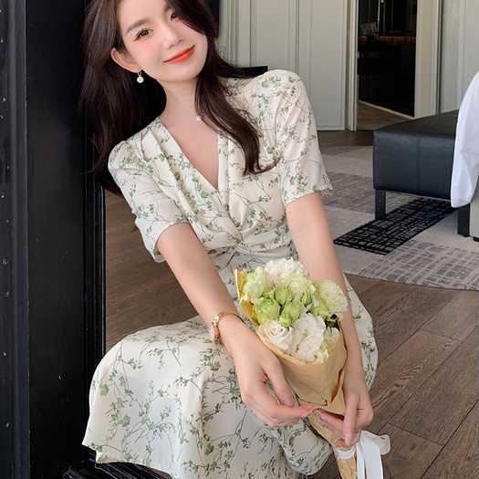 Đầm Hoa Ngắn Tay Cổ Chữ V Thanh Lịch Cho Nữ