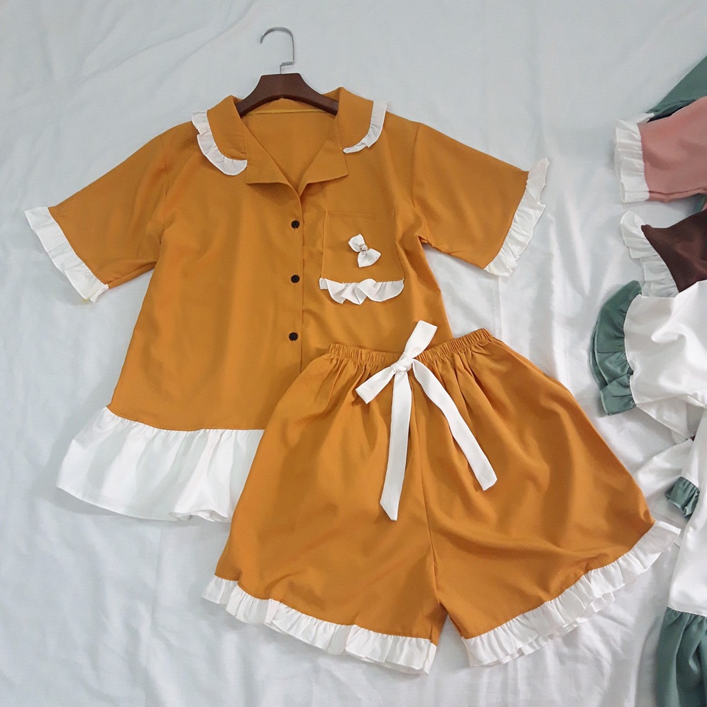 Set bộ pijama mặc nhà tiểu thư bèo đính nơ phối màu siêu dễ thương (5 màu freesize 40-58kg)