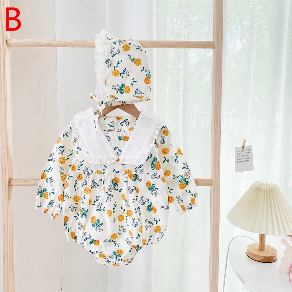 Áo liền quần SANLUTOZ tay dài in hoa kèm mũ thời trang mùa thu xinh xắn cho bé gái