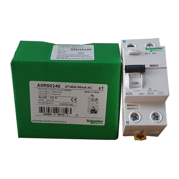 Cầu dao chống dòng rò Schneider A9R50240 RCCB dòng cắt 4.5kA, Acti 9 ilD K, 2P, 40A, 30mA, 4 Poles