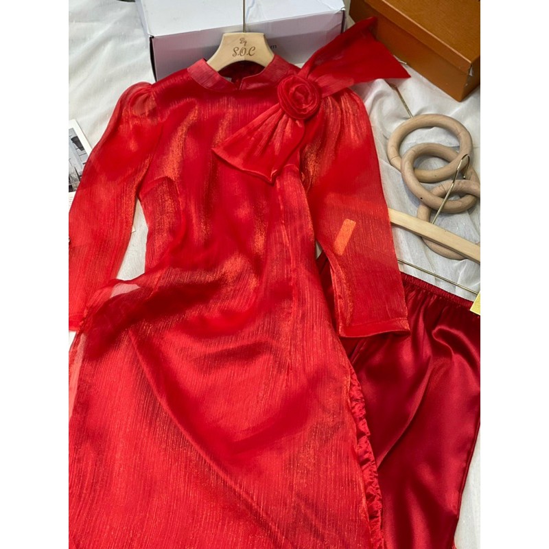 [ HÌNH THẬT ] Áo dài đỏ tay lở vải tơ kèm quần đính hoa