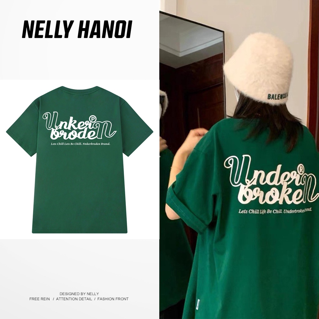 Áo thun xanh lá NELLY chất cotton 100% dáng rộng tay lỡ in hình Under Broken