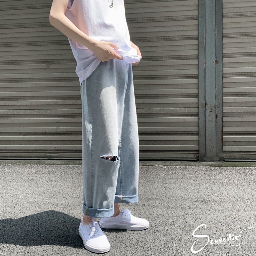 Quần Jeans dáng suông Quần nam ống rộng rách gối SANVADIO  thời trang năng động cá tính