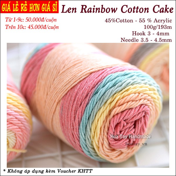 Len Rainbow Cotton Cake- Len đan móc trang phục, phụ kiện  Bảng màu 29 đến 39