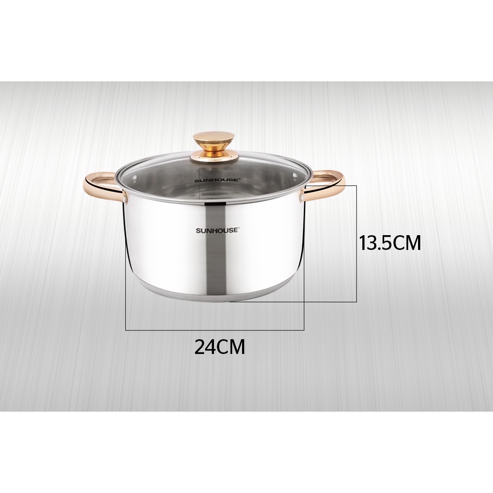 Nồi Inox 5 Đáy SUNHOUSE Quai Núm Vàng  Size 24cm Sang Trọng Dùng Trên Mọi Loại Bếp