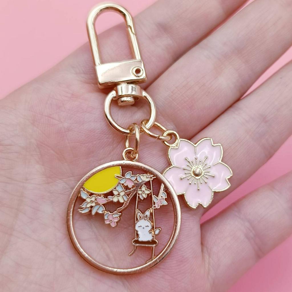 Móc Chìa Khóa Hình Thỏ / Mèo / Hoa Đào Hoạt Hình Tráng Men Dễ Thương Trang Trí Túi Xách DIY
