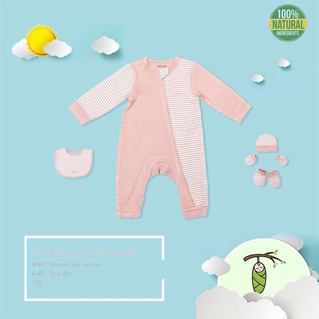 [CHÍNH HÃNG] Body sơ sinh dài tay cài chéo phối kẻ Nature Wear