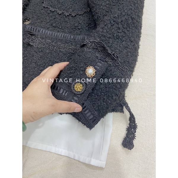 /Áo khoác lông cừu handmade, khoác nữ lông phối ren,cúc đồng phong cách ngắn rộng trẻ trung/