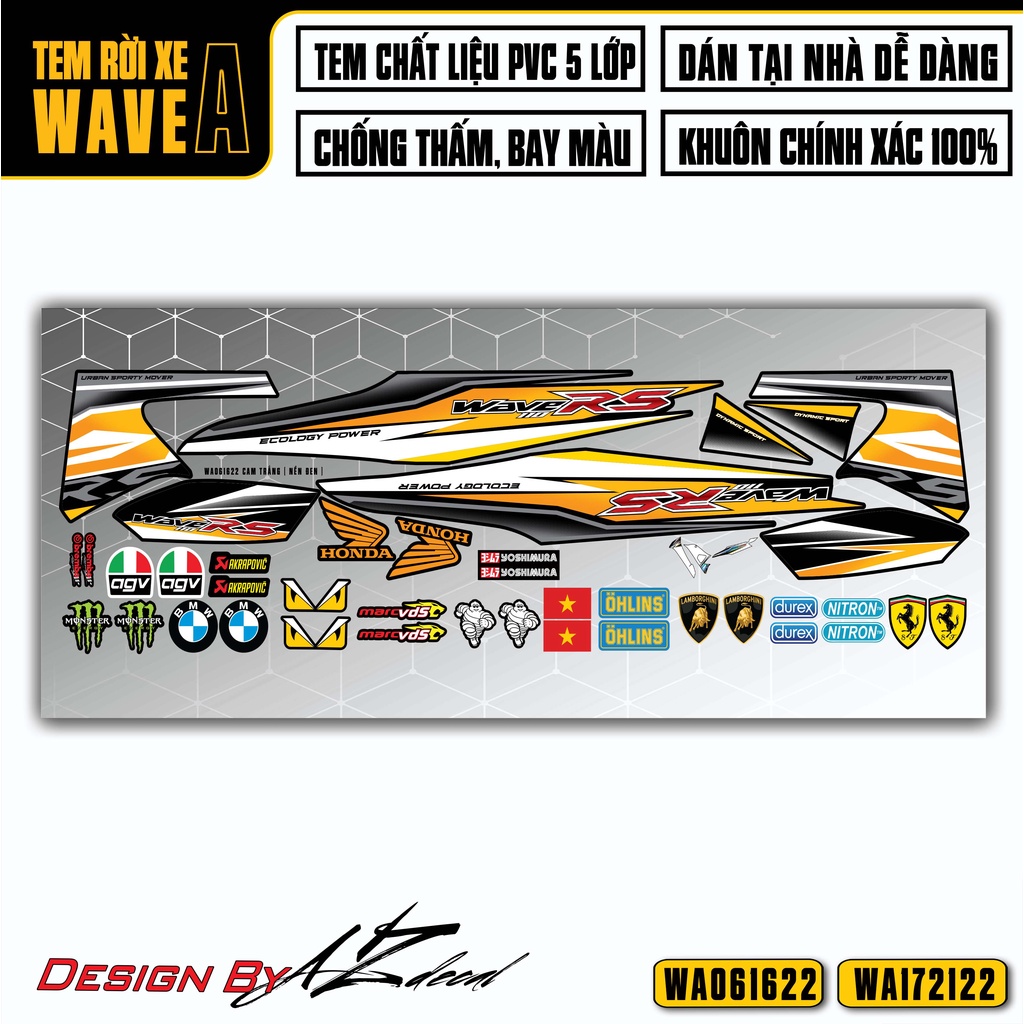 Tem Rời Dán Wave A Mẫu RS100 | WA22 | Decal Chế Xe Máy Wave Alpha 110 100 Chống Nước, Bền Màu