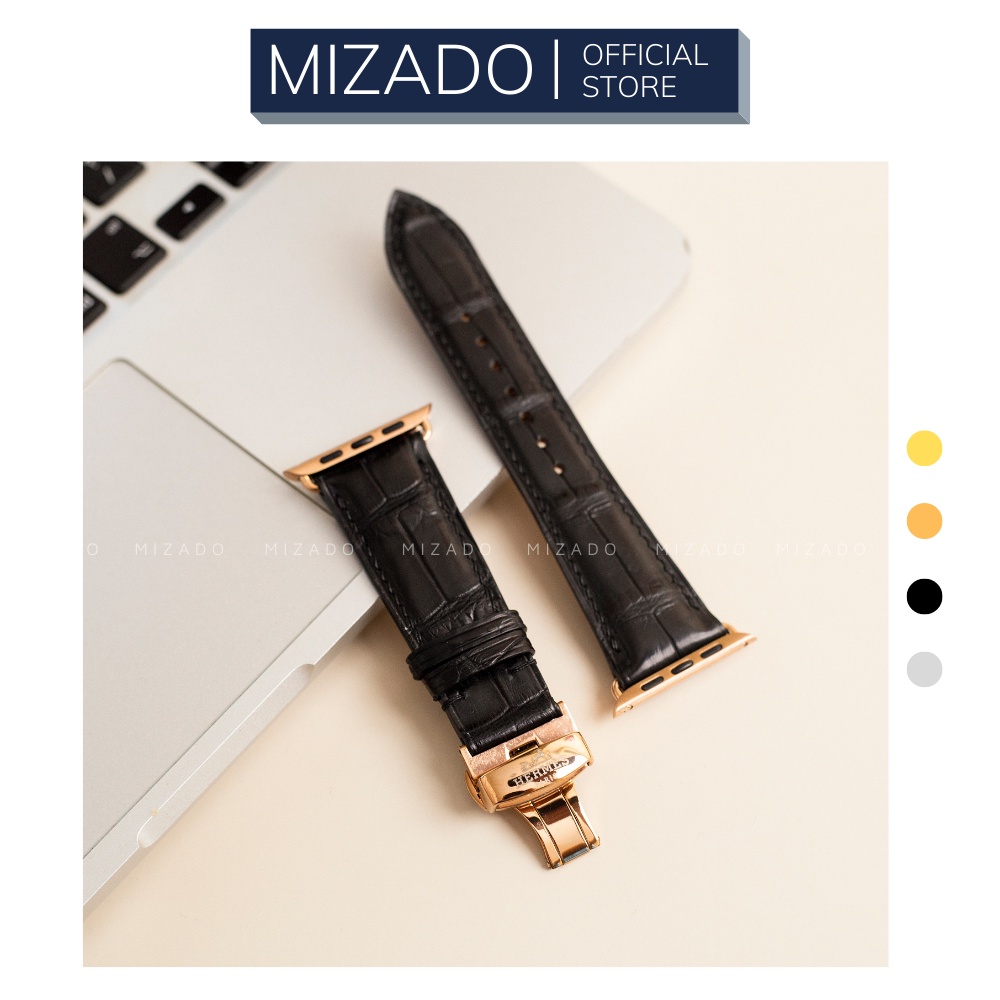 Dây da thủ công Cá Sấu Đen dành cho Apple Watch, đồng hồ thông minh, đồng hồ cơ MIZADO