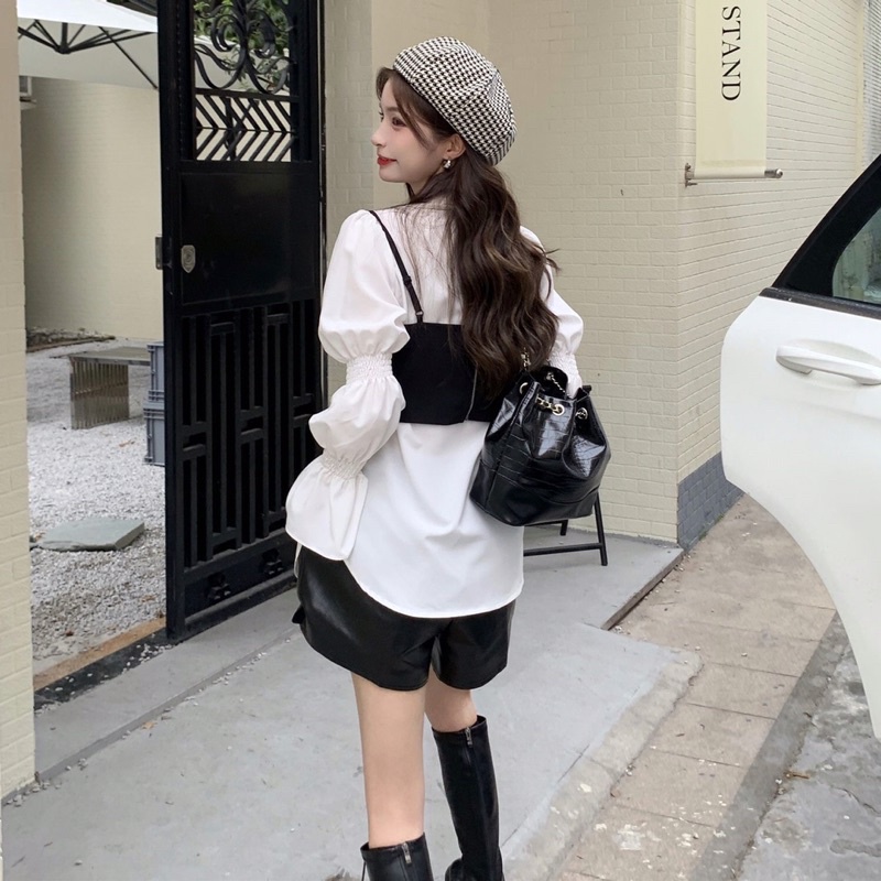 SET ÁO SƠMI TRẮNG TAY BỒNG TIỂU THƯ KÈM ĐAI ĐEN KHOÁ KÉO HAI DÂY SIÊU HOT✨-new item for this SPRING🌸