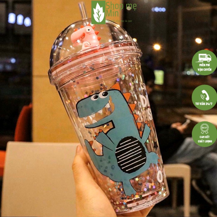 Cốc Khủng Long, Cốc uống nước Khủng Long kute tặng kèm ống hút MIN02
