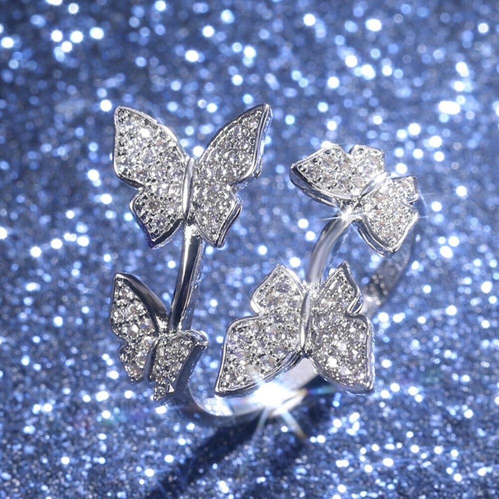 Nhẫn đính đá sa-phia trắng hình dạng bướm đơn giản cho nữ