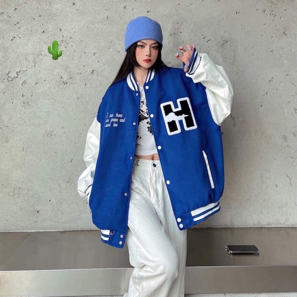 Áo Bomber chữ H form rộng tay bồng dày dặn  Áo khoác xanh cúc bấm phong cách Hàn Quốc 22020