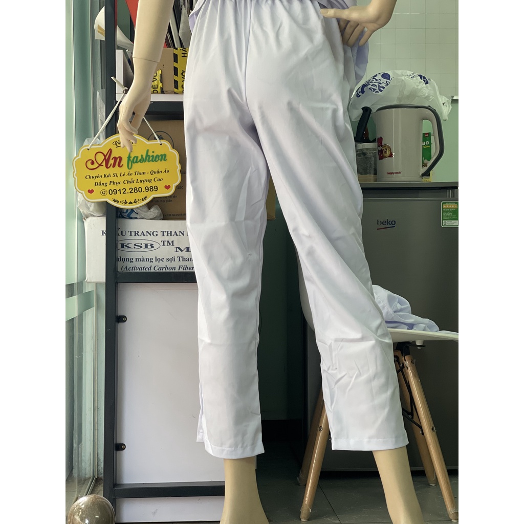 Quần blouse nam nữ trắng cao cấp - Quần lưng thun không túi sang trọng cho bác sĩ, điều dưỡng, y tá vải kaki dầy mịn .