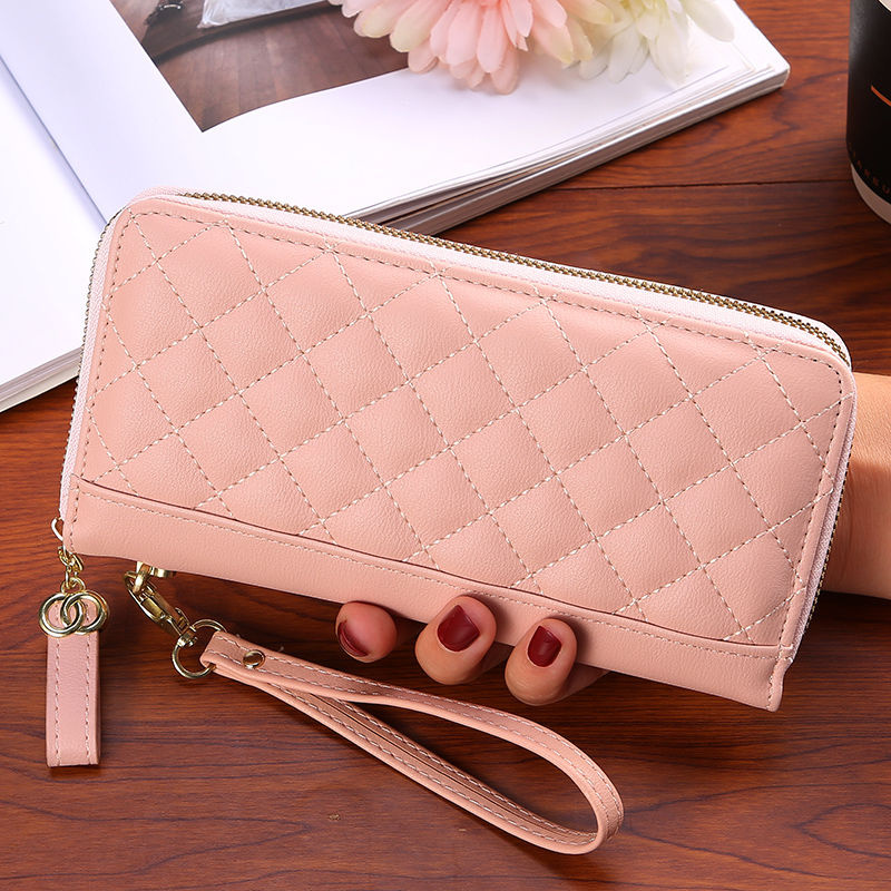 European And American Small Wallet Female 2021 New Korean Version Wild Embroidery Grid Zipper Clutch Large Capacity Long Wallet