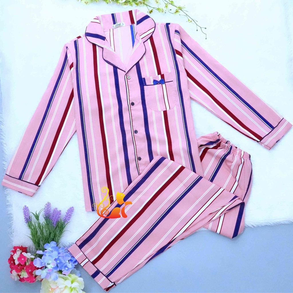 Đồ Bộ Mặc Nhà Pijama Satin Lụa Tay Dài Cao Cấp - &quot;Nơ Sọc Đỏ&quot; Siêu Mát - Dưới 60kg