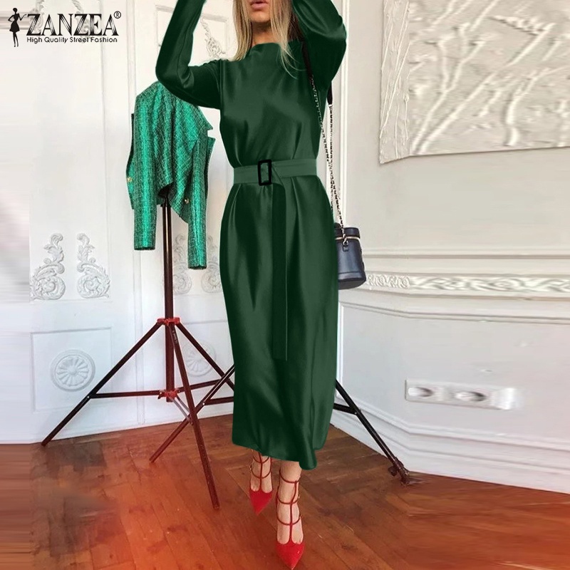 Đầm dài ZANZEA vải satin dáng ôm kiểu xếp ly cổ tròn dài tay thời trang cho nữ
