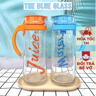Bình nước thủy tinh in hoa cao cấp ocean patio 1.3 lít, bình đựng nước trong suổt cao cấp nắp nhựa nhiều màu - 18344-hm