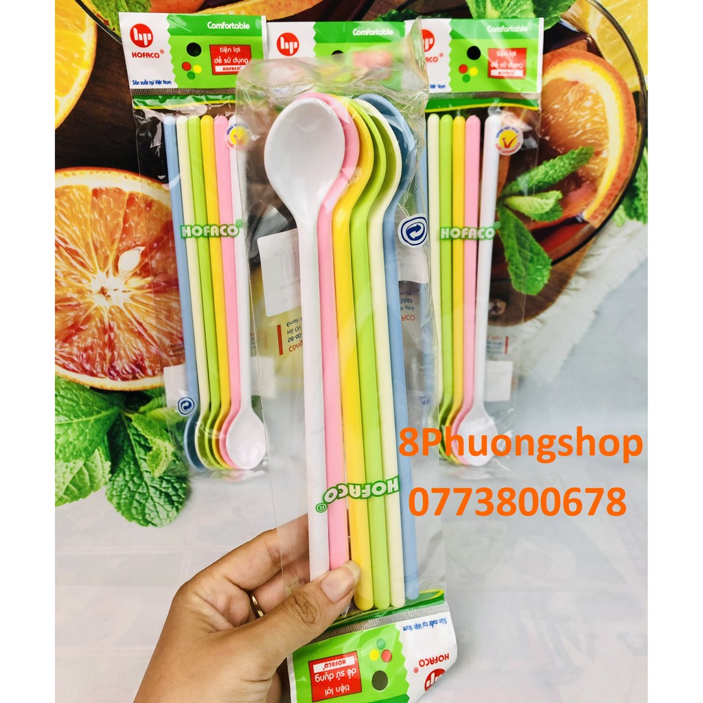 Muỗng khuấy nước ép sinh tố cao cấp nhiều màu 6 cái/ set - Dụng cụ trang trí quầy bar - Thìa khuấy sinh tố Hofaco HPB114