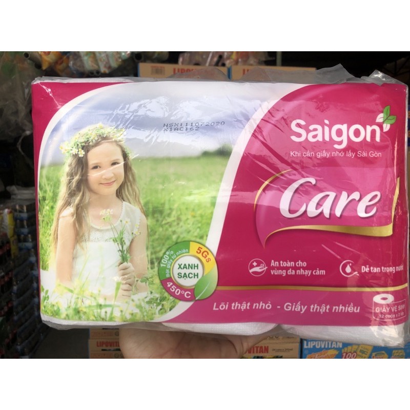 Giấy Vệ Sinh Có Lõi Sài Gòn Care - Lõi Nhỏ - Giấy nhiều [12 Cuộn x 2 Lớp]