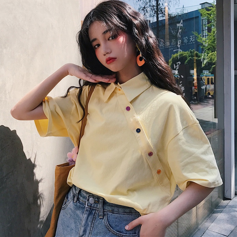Áo thun tay ngắn dáng rộng màu sắc đơn giản quyến rũ cho nữ